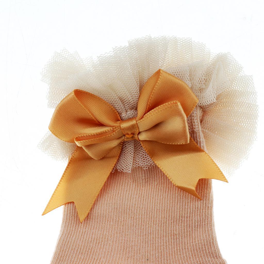 1 Pair Baby Kids Girls Layer Mesh Lace Bow Short Socks L (4-6 Years) Beige