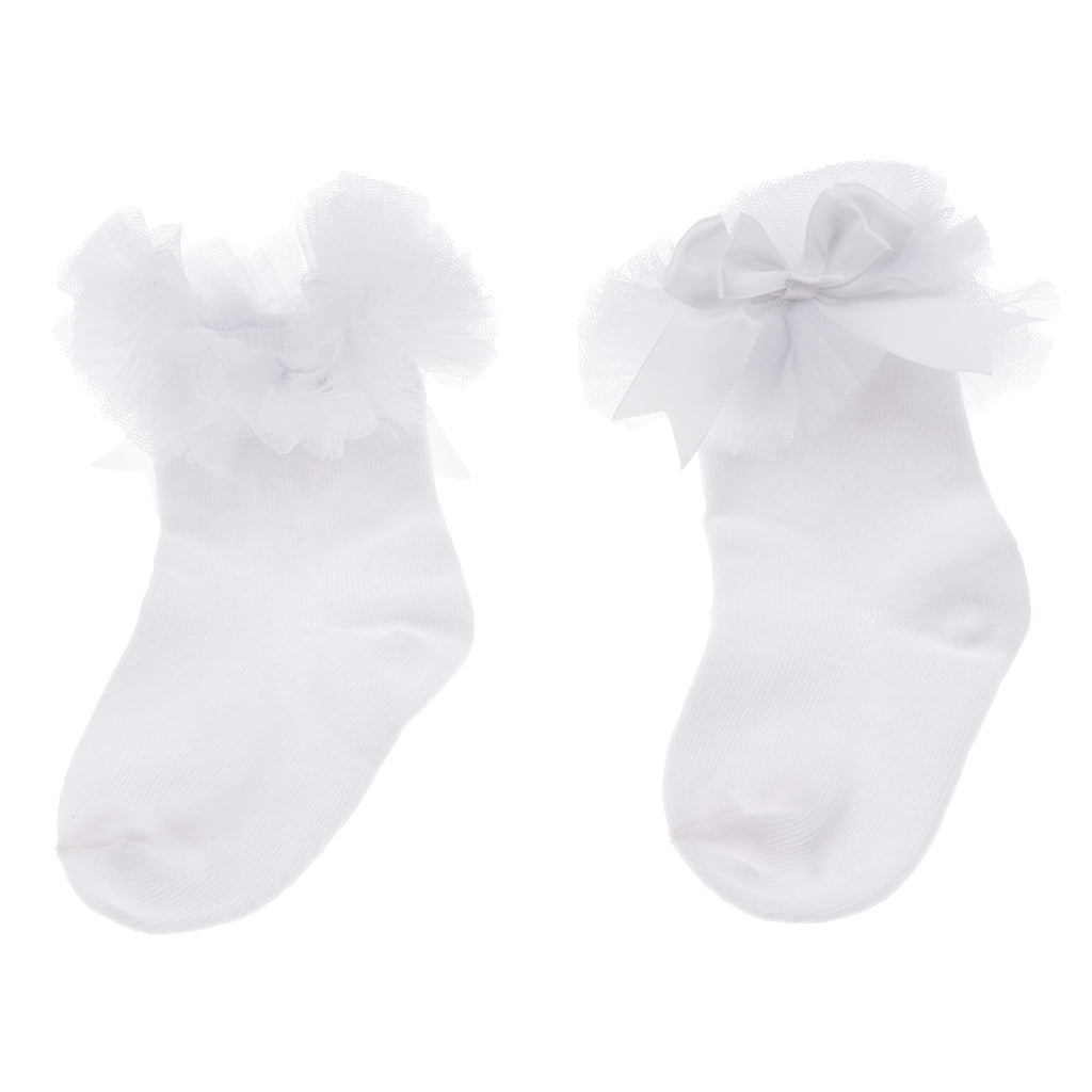 1 Pair Baby Kids Girls Layer Mesh Lace Bow Short Socks L (4-6 Years) White
