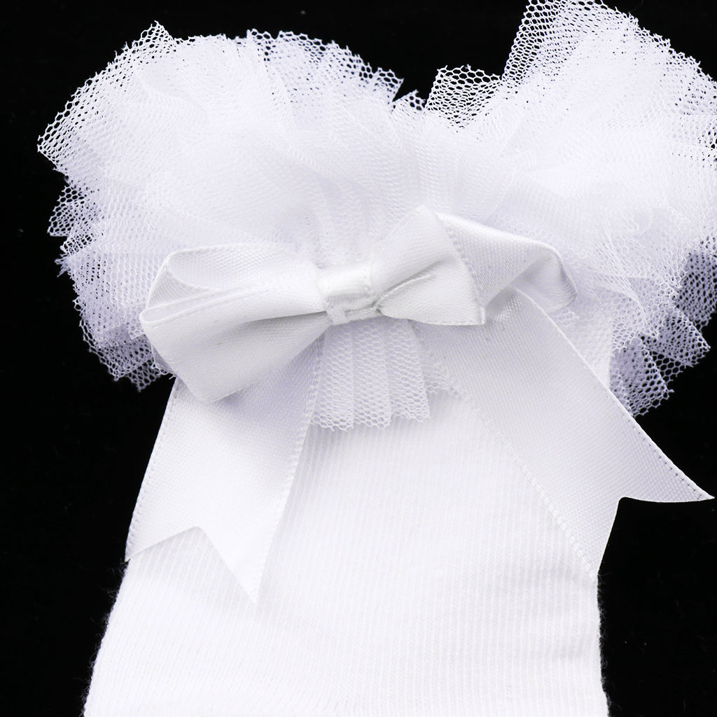 1 Pair Baby Kids Girls Layer Mesh Lace Bow Short Socks L (4-6 Years) White