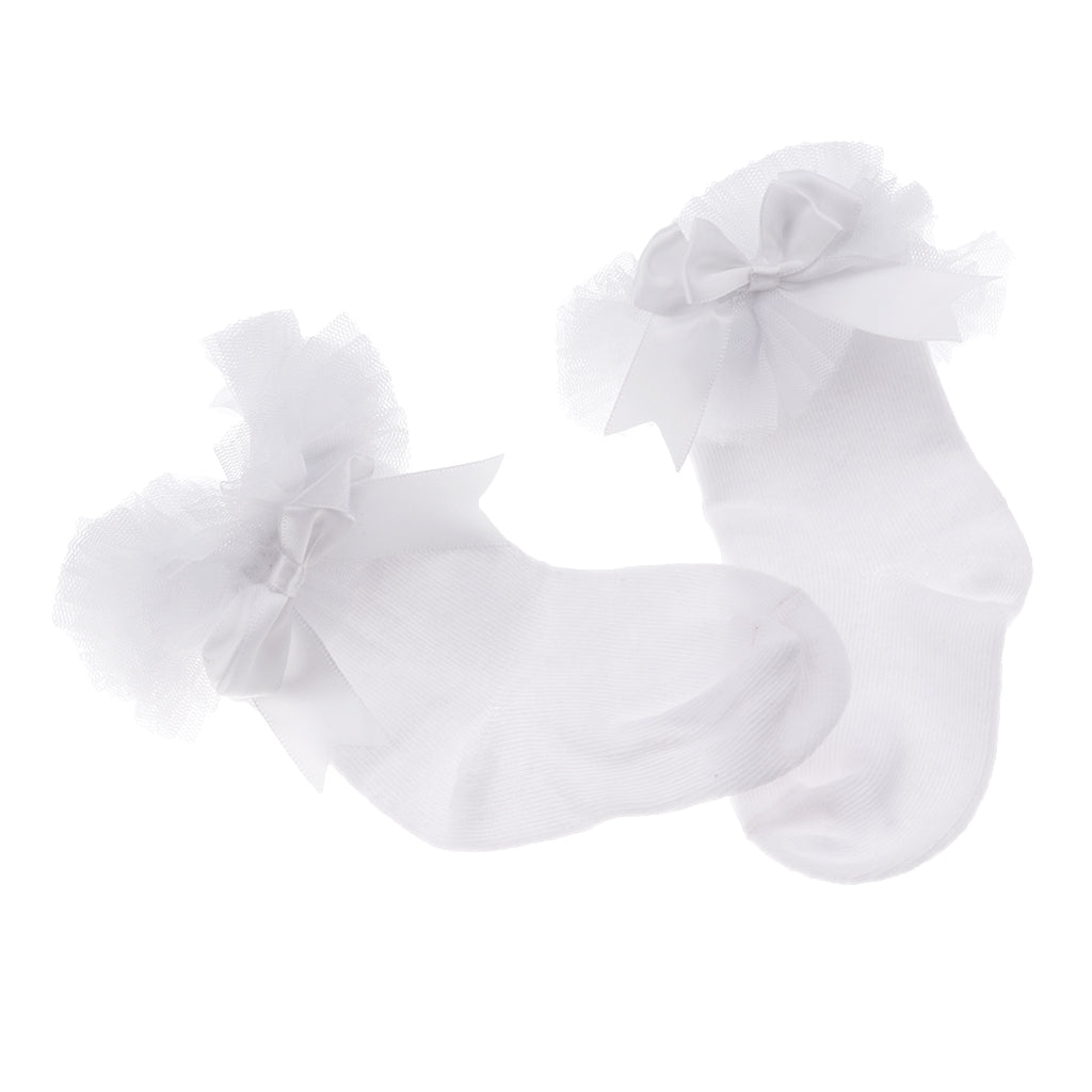 1 Pair Baby Kids Girls Layer Mesh Lace Bow Short Socks L (4-6 Years) White