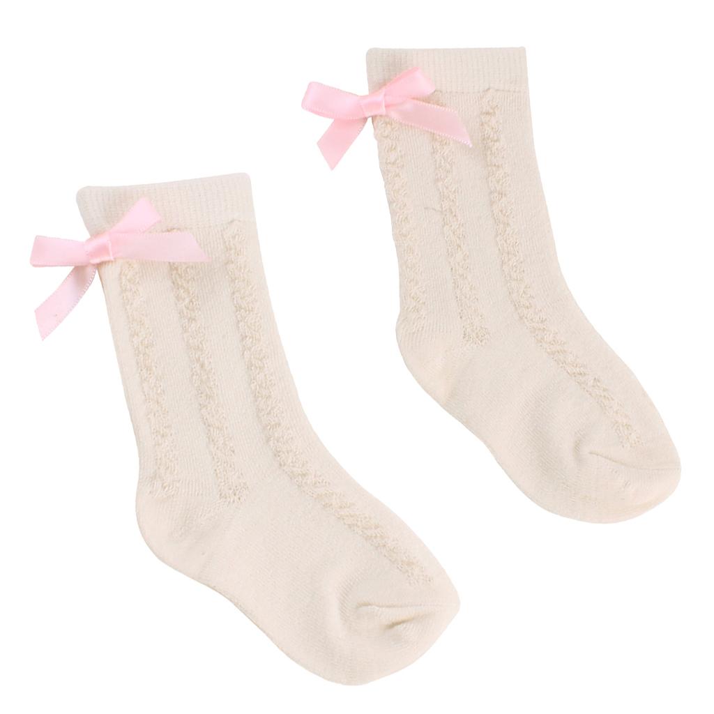 Baby Girls Knee High Long Socks Bow Cotton Casual Stockings 2-4T Beige