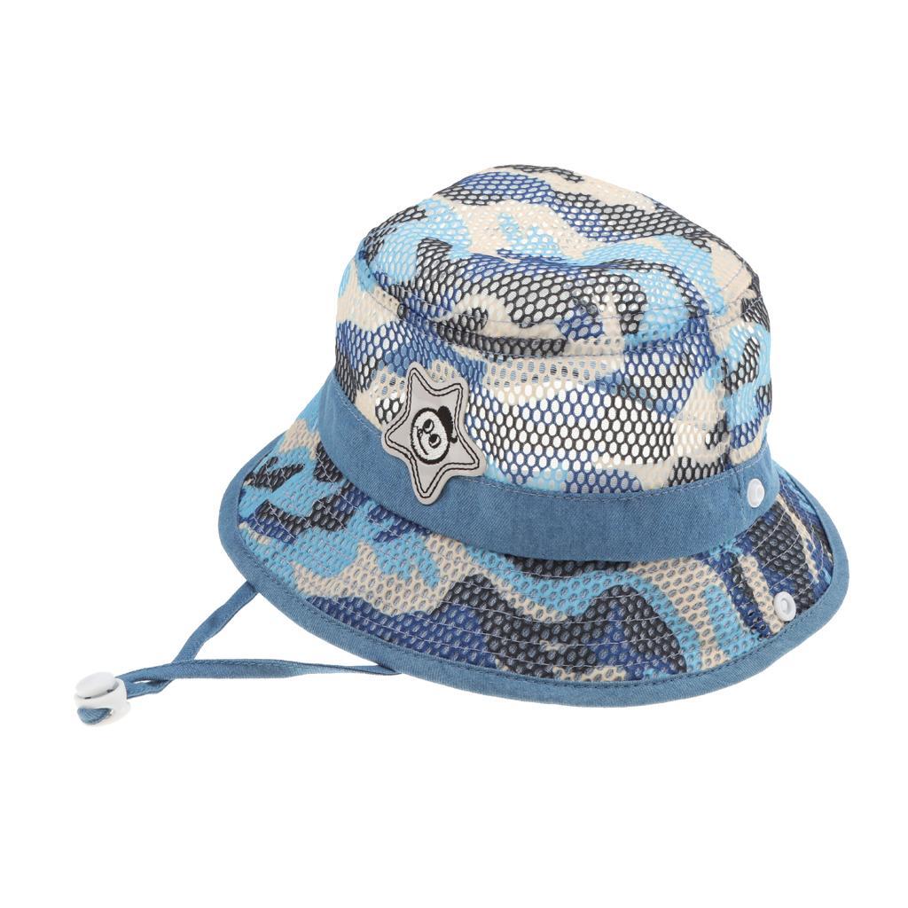 Baby Mesh Camo Fishing Bucket Sun Hat Summer Cap with Chin Strap Blue