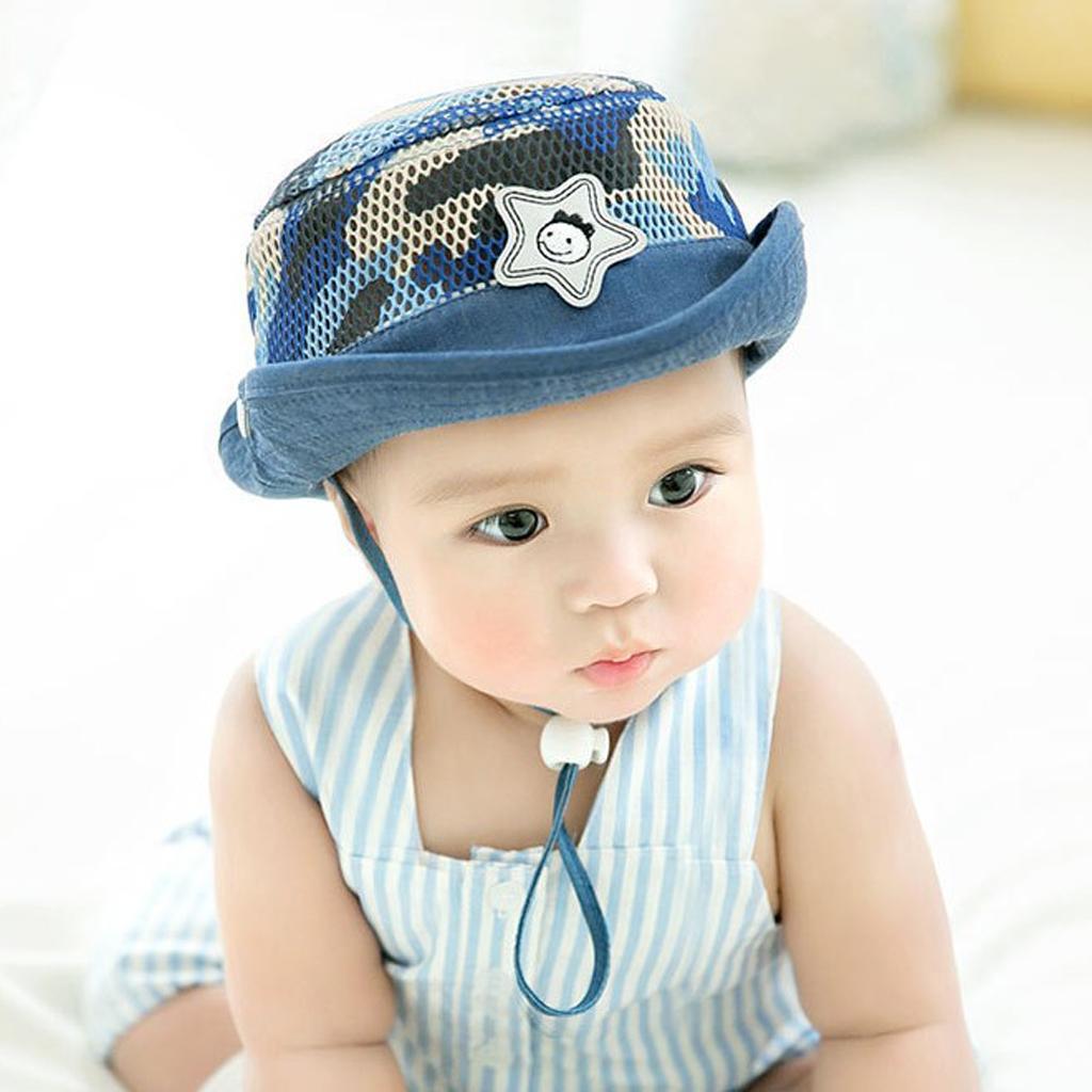 Baby Mesh Camo Fishing Bucket Sun Hat Summer Cap with Chin Strap Blue