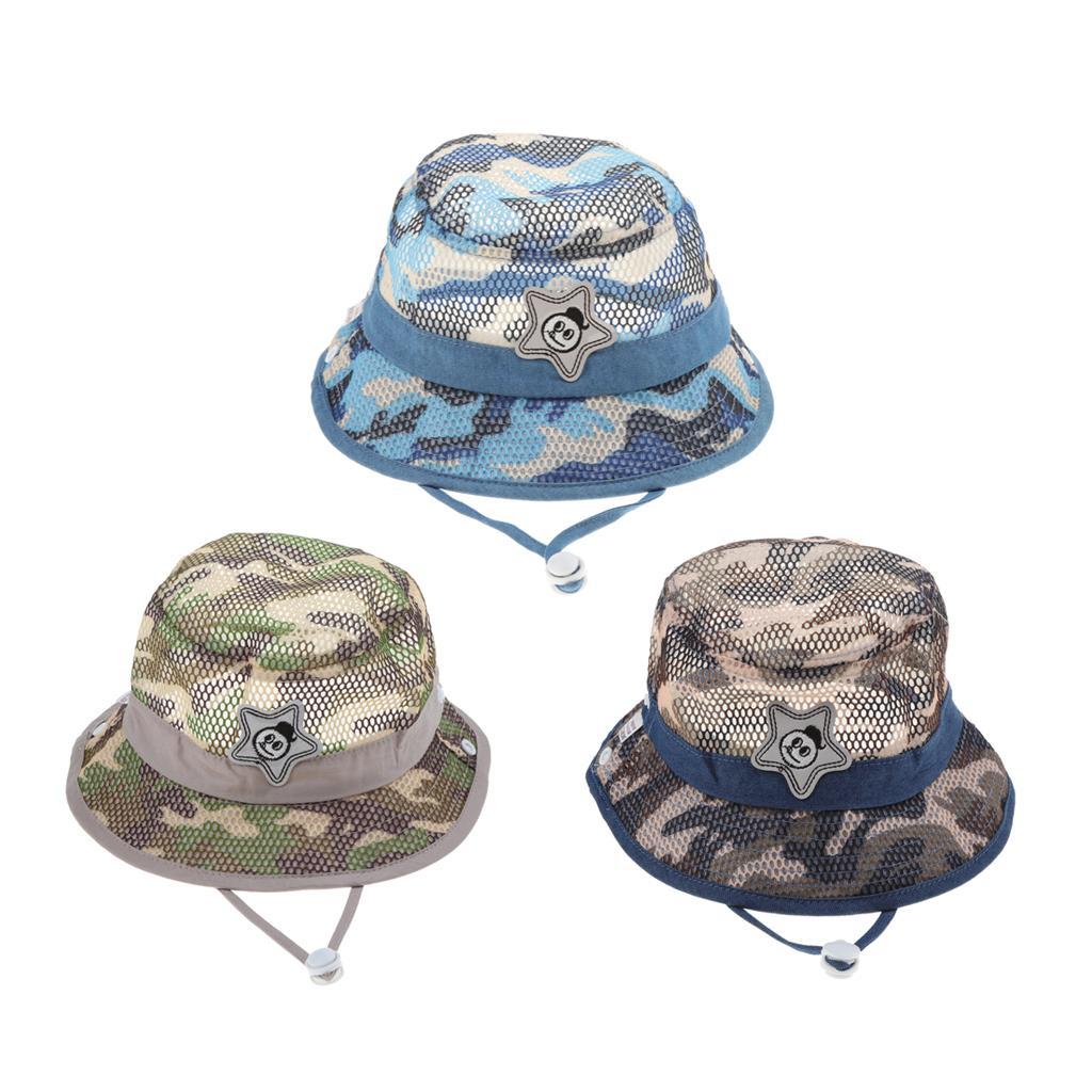 Baby Mesh Camo Fishing Bucket Sun Hat Summer Cap with Chin Strap Blue