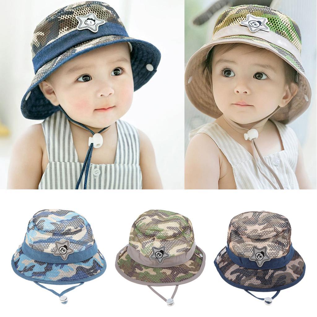 Baby Mesh Camo Fishing Bucket Sun Hat Summer Cap with Chin Strap Blue