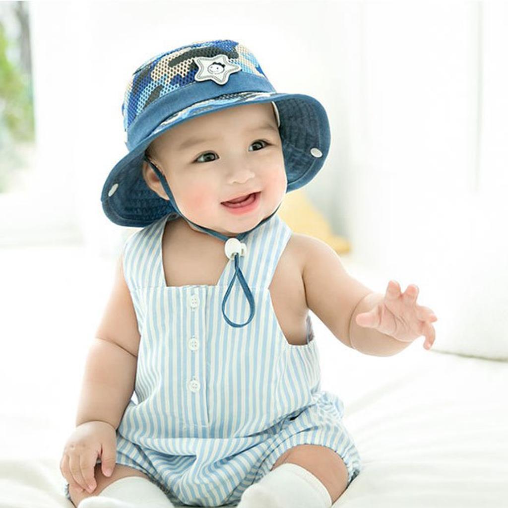 Baby Mesh Camo Fishing Bucket Sun Hat Summer Cap with Chin Strap Blue