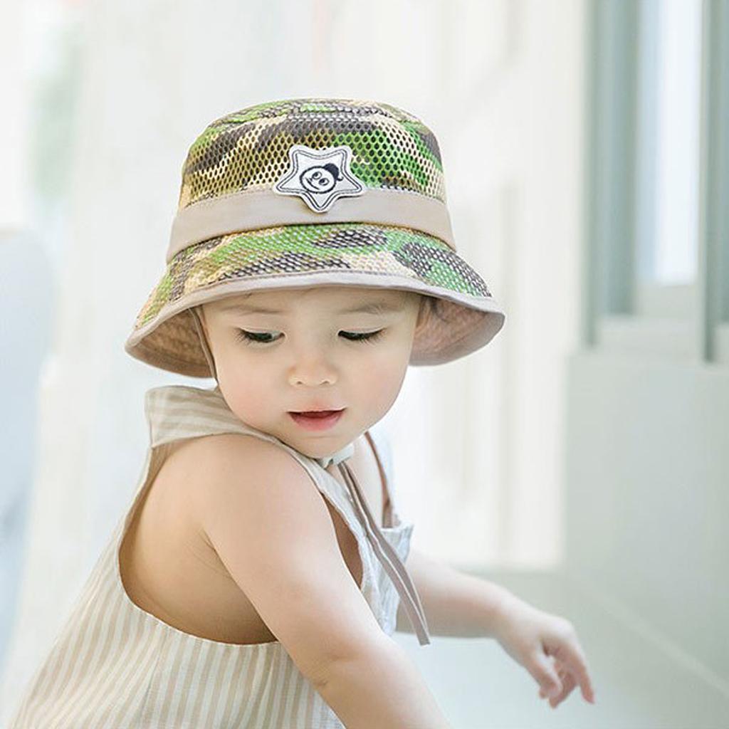 Baby Mesh Camo Fishing Bucket Sun Hat Summer Cap with Chin Strap Khaki