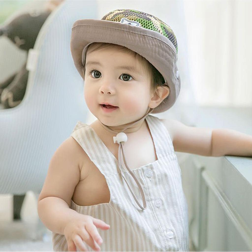 Baby Mesh Camo Fishing Bucket Sun Hat Summer Cap with Chin Strap Khaki