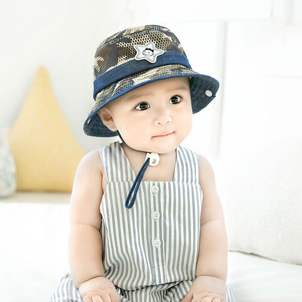 Baby Mesh Camo Fishing Bucket Sun Hat Summer Cap with Chin Strap Brown