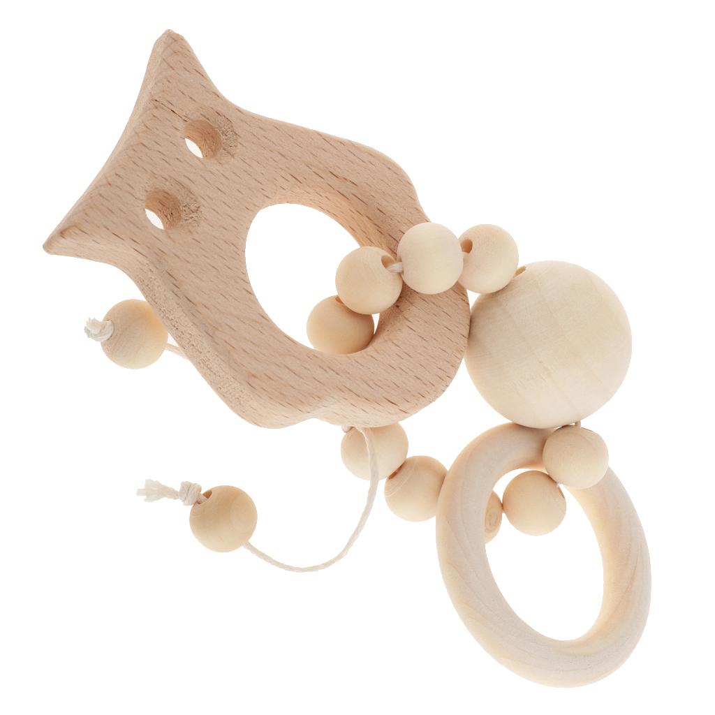 Natural Wooden Baby Teether Wood Teething Bracelet Ring Style 1-Owl