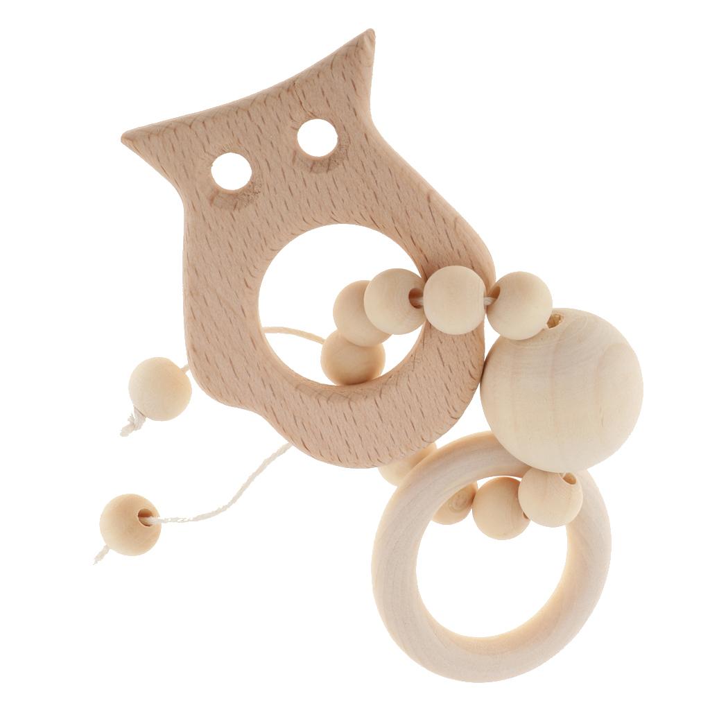 Natural Wooden Baby Teether Wood Teething Bracelet Ring Style 1-Owl