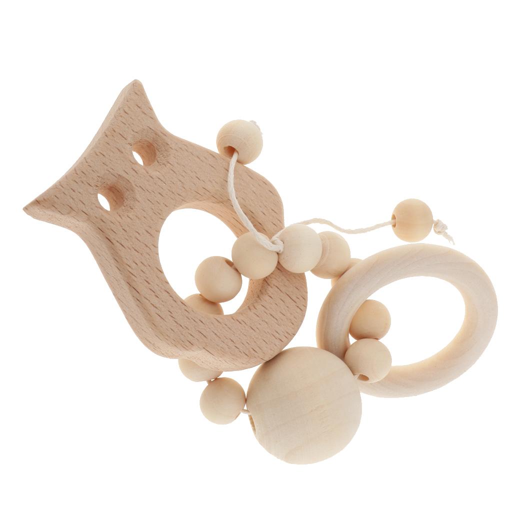 Natural Wooden Baby Teether Wood Teething Bracelet Ring Style 1-Owl