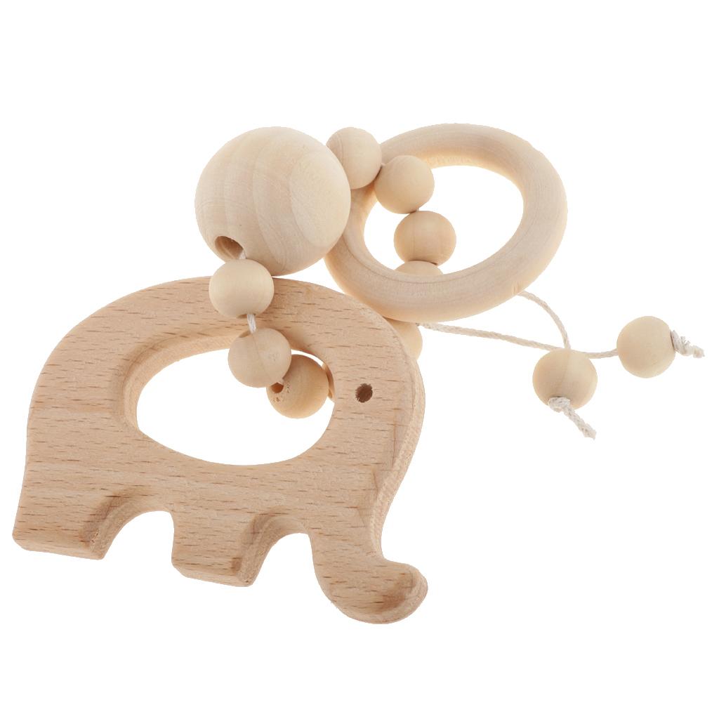 Natural Wooden Baby Teether Wood Teething Bracelet Ring Style 1-Elephant
