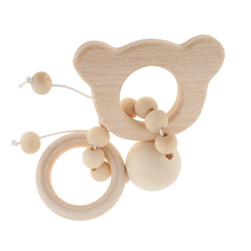 Natural Wooden Baby Teether Wood Teething Bracelet Ring Style 1-Bear