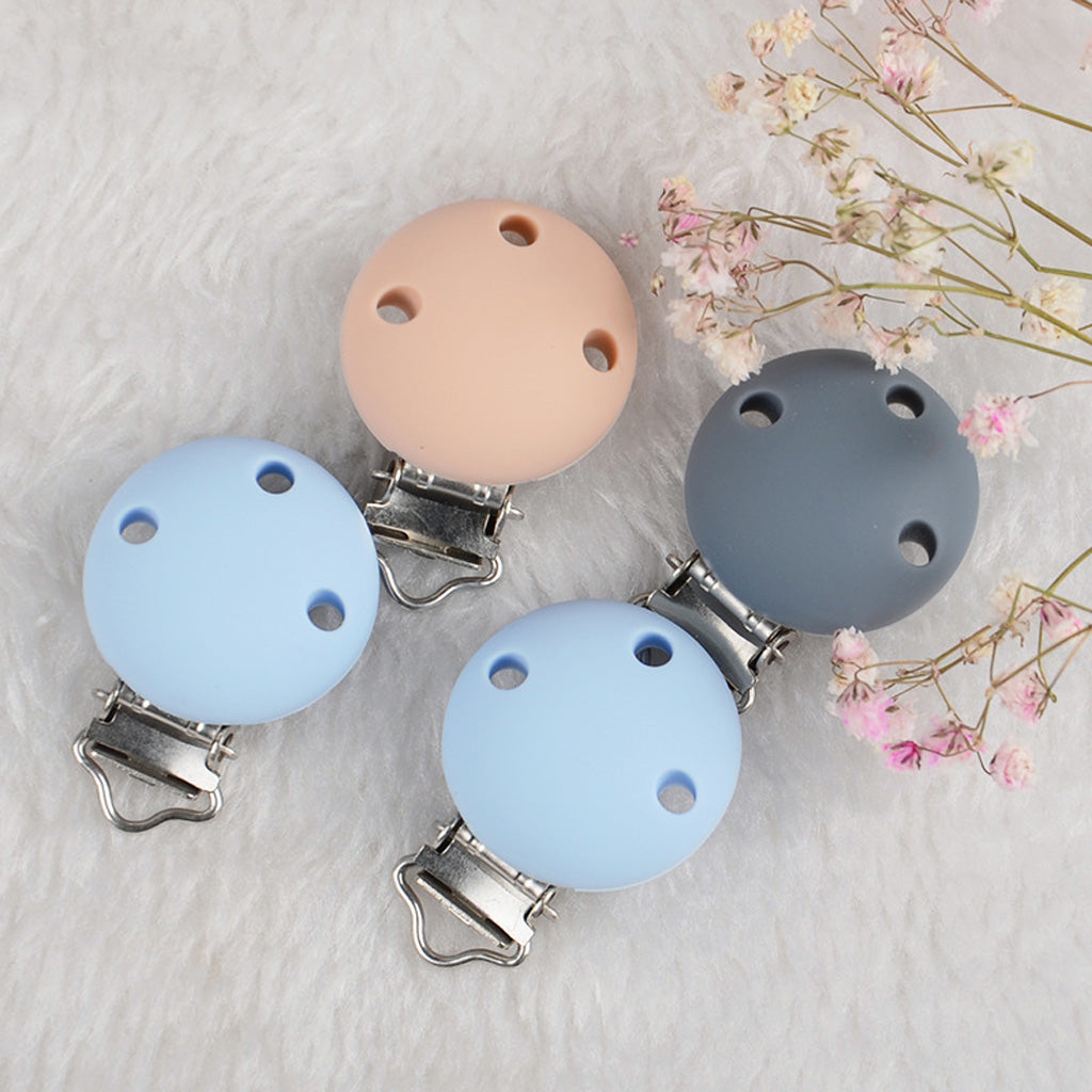 Cute Baby Pacifier Round Silicone Soother Clip Metal Holders Clasp Blue