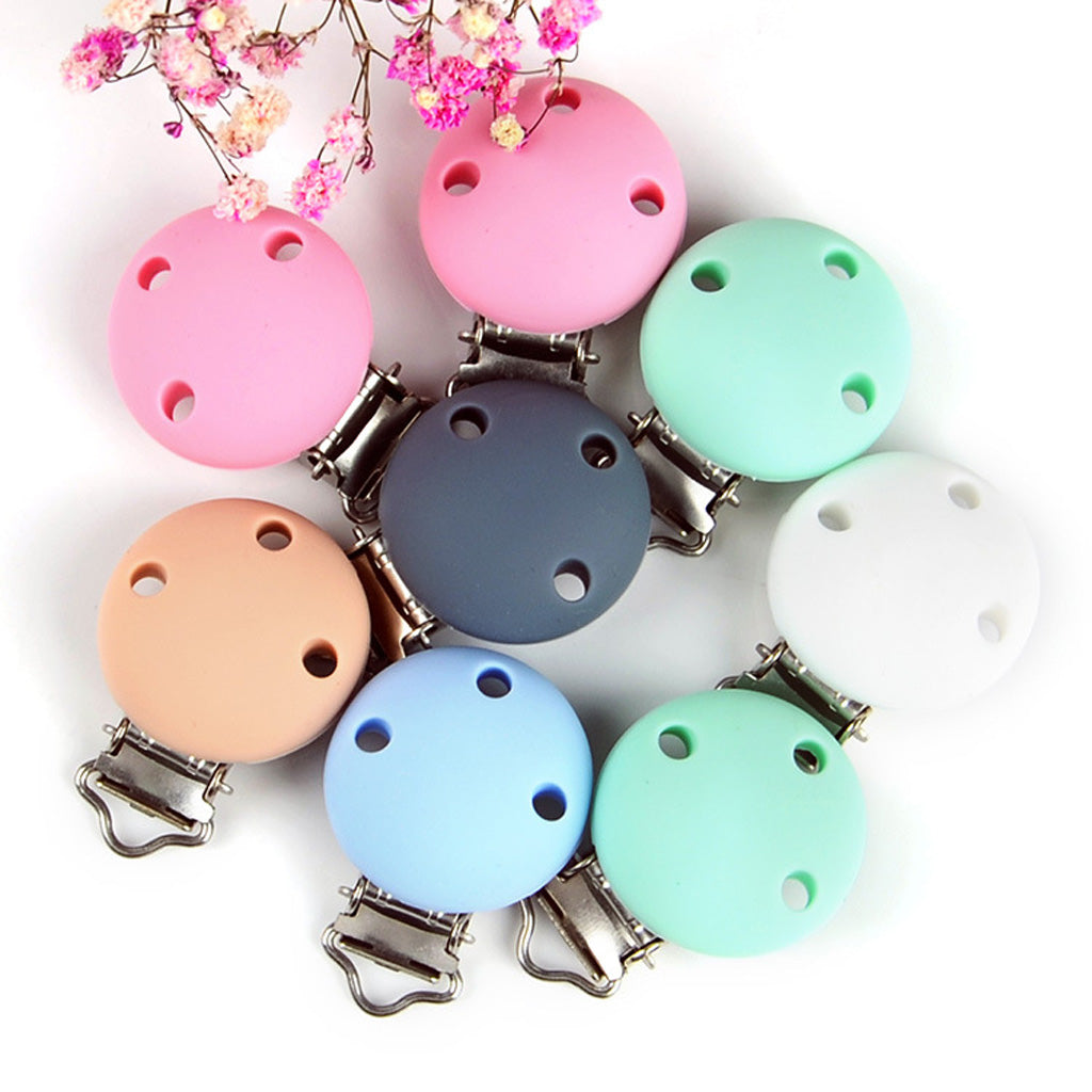 Cute Baby Pacifier Round Silicone Soother Clip Metal Holders Clasp Blue