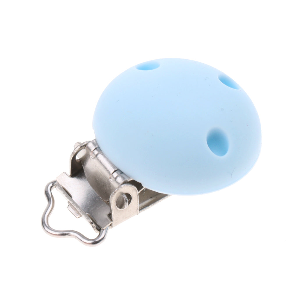 Cute Baby Pacifier Round Silicone Soother Clip Metal Holders Clasp Blue