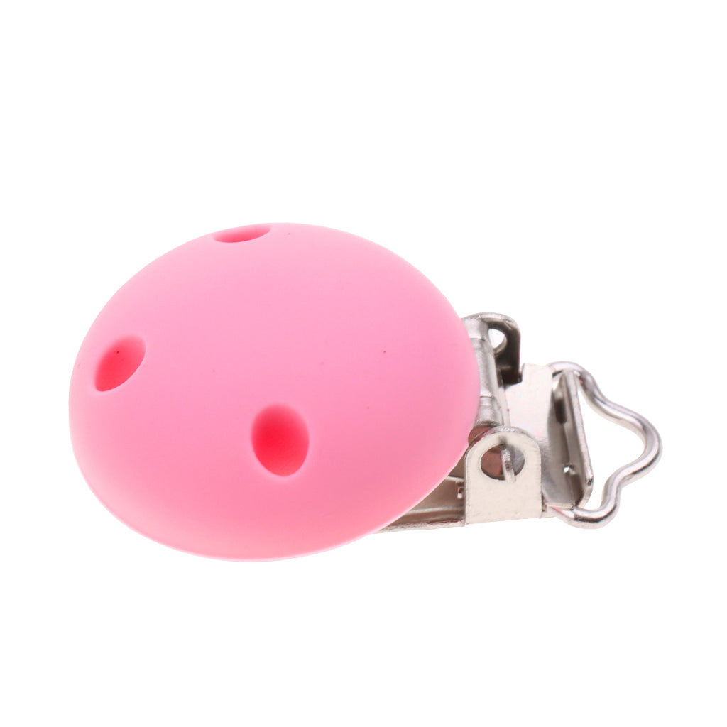 Cute Baby Pacifier Round Silicone Soother Clip Metal Holders Clasp Pink