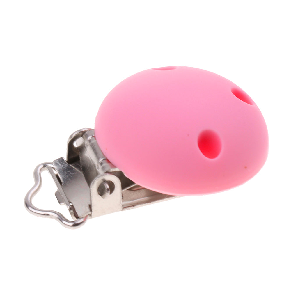 Cute Baby Pacifier Round Silicone Soother Clip Metal Holders Clasp Pink