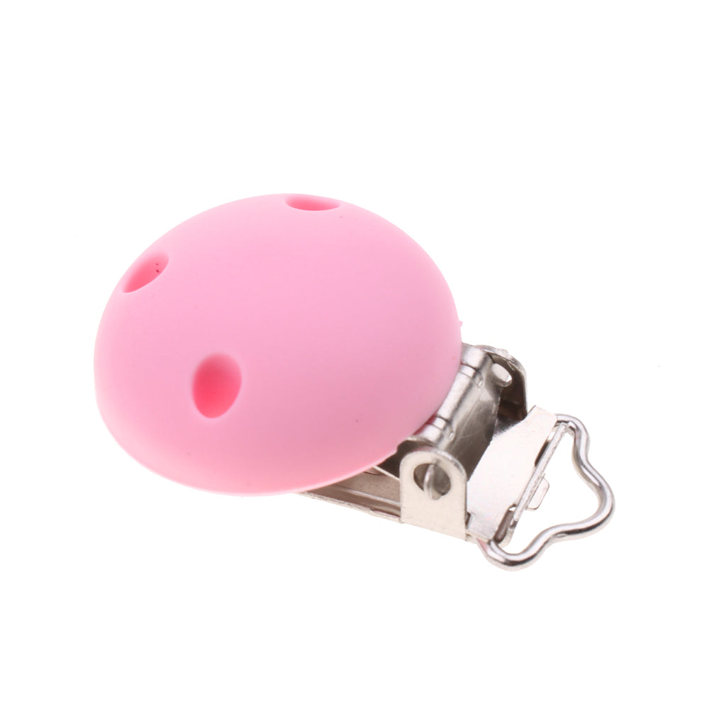 Cute Baby Pacifier Round Silicone Soother Clip Metal Holders Clasp Pink