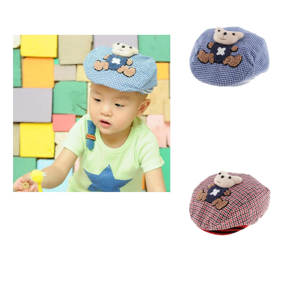 Baby Hat Bear Cartoon Beret Hat Tartan Design Kids Headdress Red
