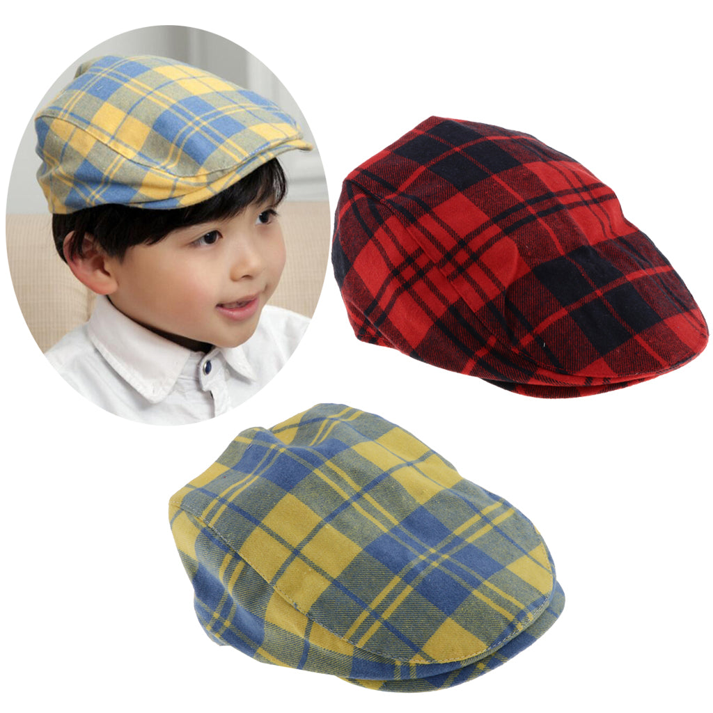 Kids Beret Retro Plaid Hat for Baby Children's Cap Yellow