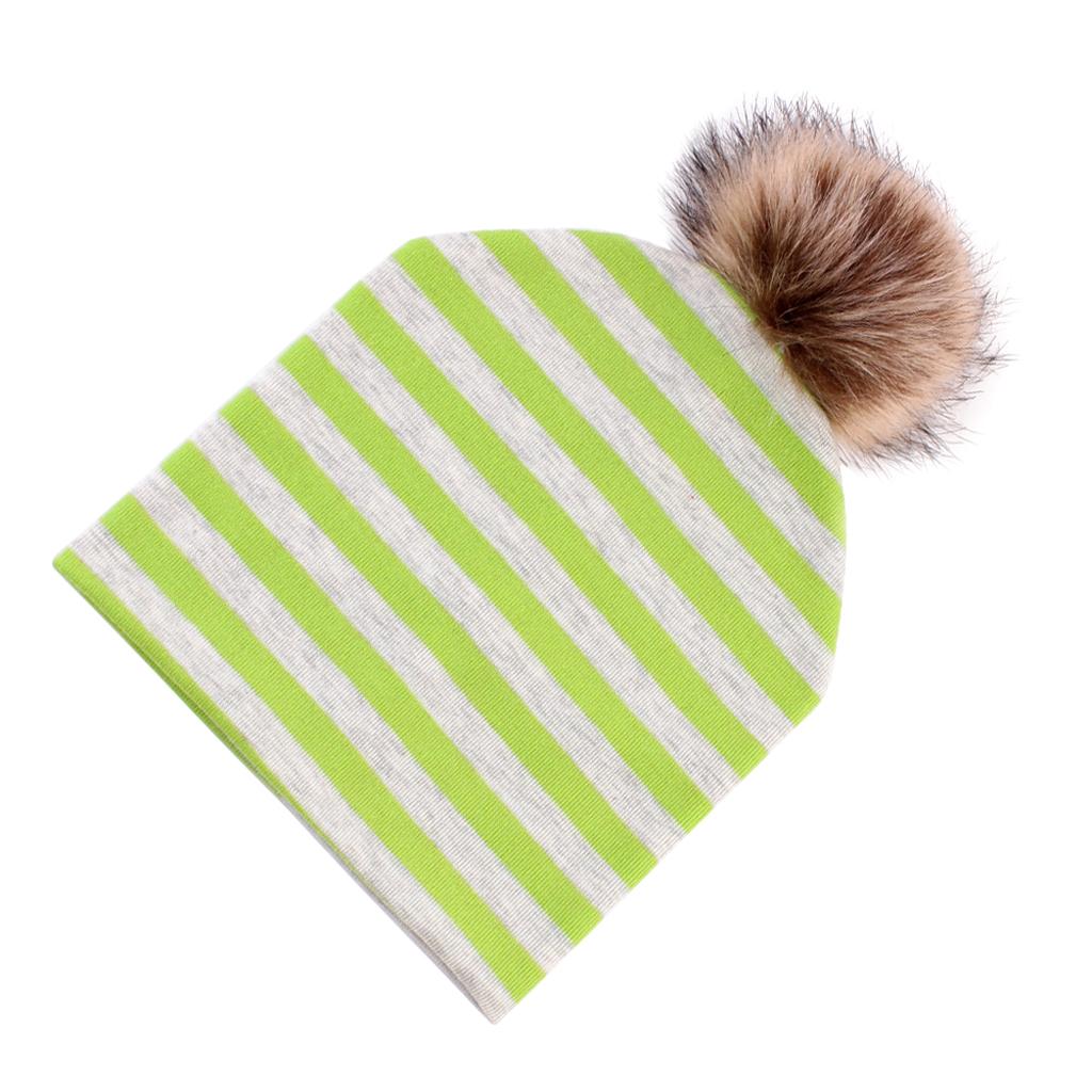 Baby Hat Faux Fur Baby Cap Cotton Pompom Bobble Hat for Kids Green Stripe