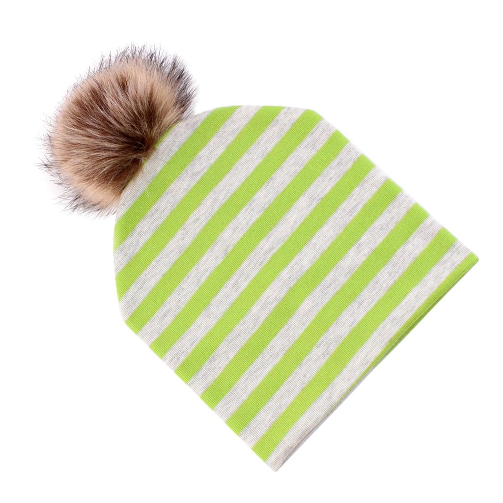 Baby Hat Faux Fur Baby Cap Cotton Pompom Bobble Hat for Kids Green Stripe