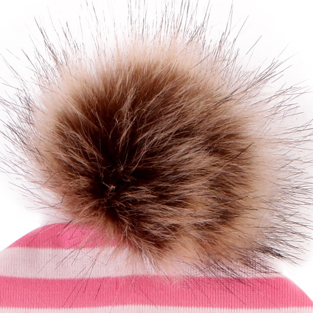 Baby Hat Faux Fur Baby Cap Cotton Pompom Bobble Hat for Kids Pink Stripe