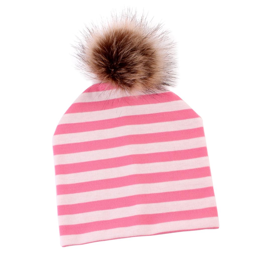 Baby Hat Faux Fur Baby Cap Cotton Pompom Bobble Hat for Kids Pink Stripe