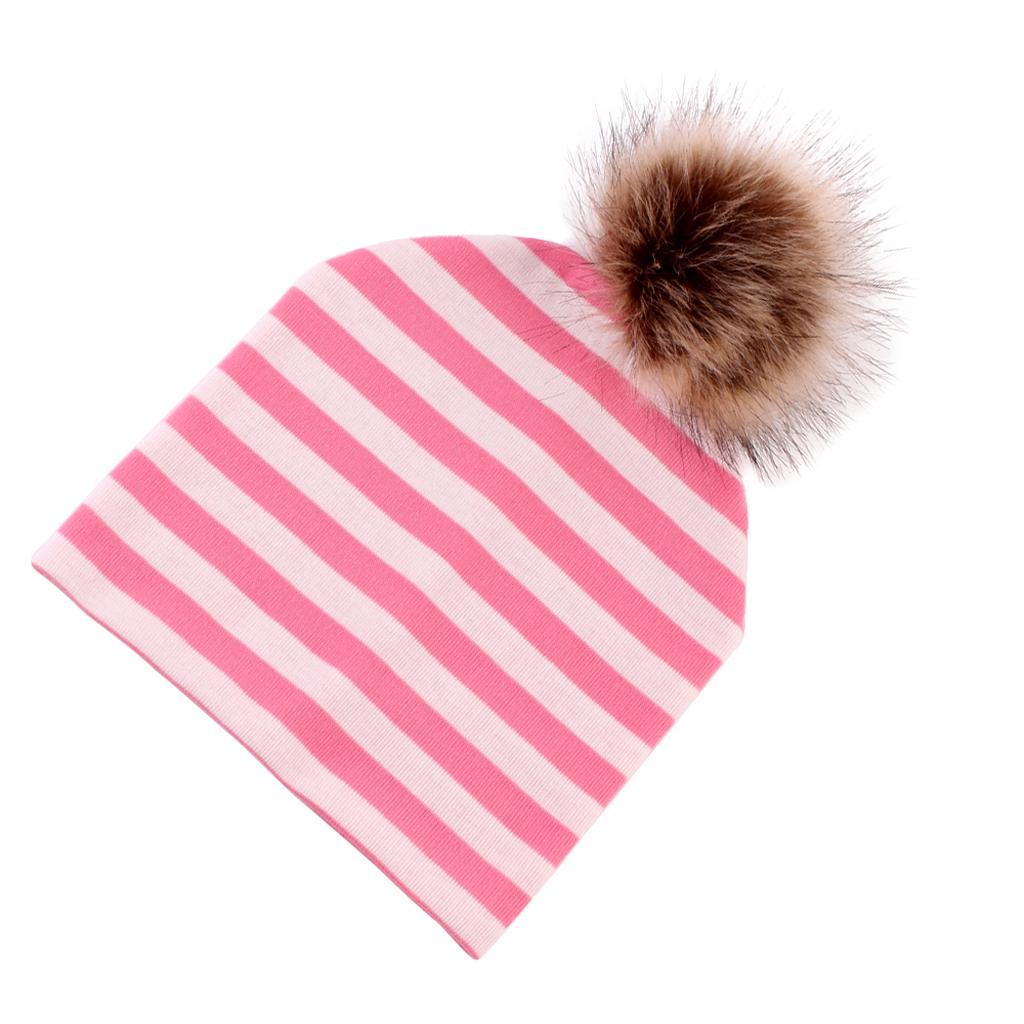 Baby Hat Faux Fur Baby Cap Cotton Pompom Bobble Hat for Kids Pink Stripe