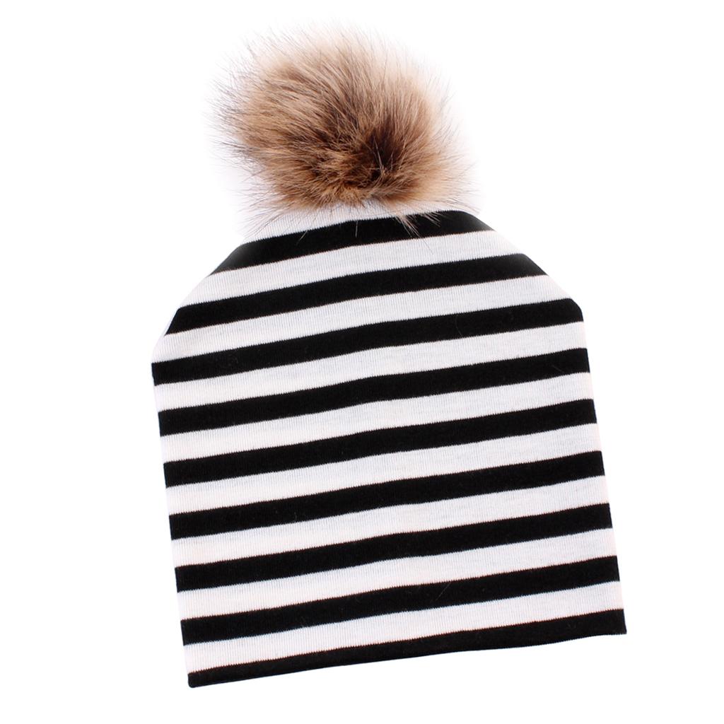 Baby Hat Faux Fur Baby Cap Cotton Pompom Bobble Hat for Kids Black Stripe
