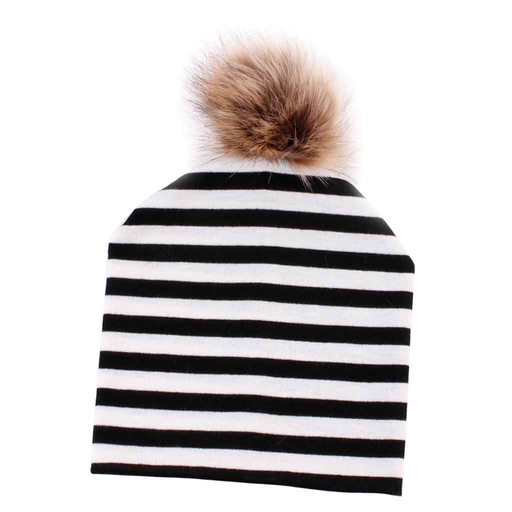 Baby Hat Faux Fur Baby Cap Cotton Pompom Bobble Hat for Kids Black Stripe