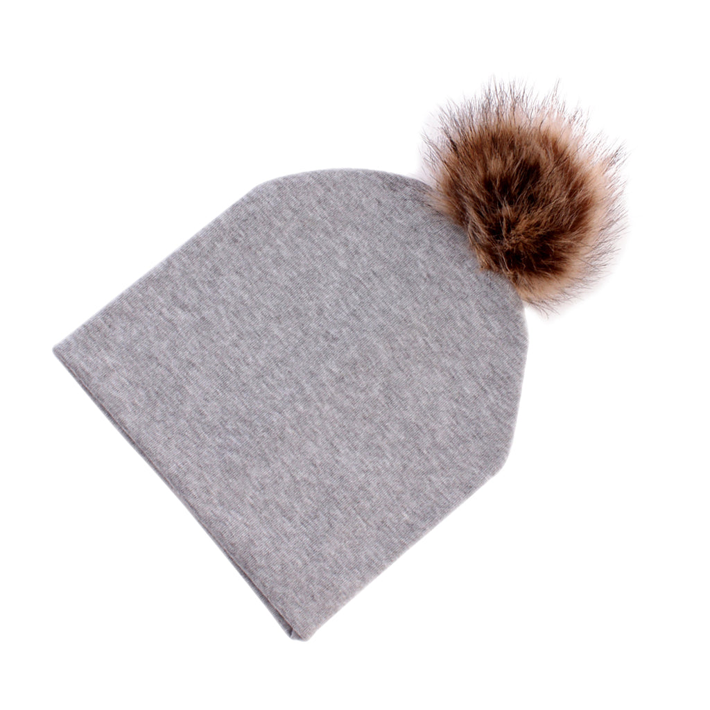 Baby Hat Faux Fur Baby Cap Cotton Pompom Bobble Hat for Kids Gray