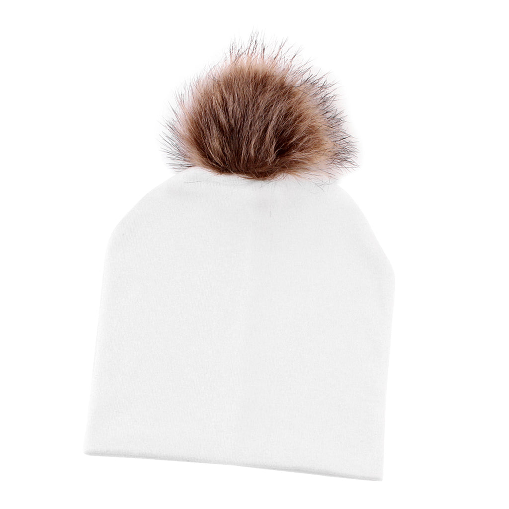 Baby Hat Faux Fur Baby Cap Cotton Pompom Bobble Hat for Kids White