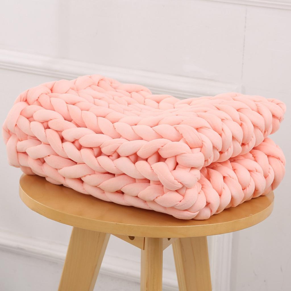 Handmade Knitted Blanket Yarn Bulky Knitting Blanket 120 x 100cm - Pink