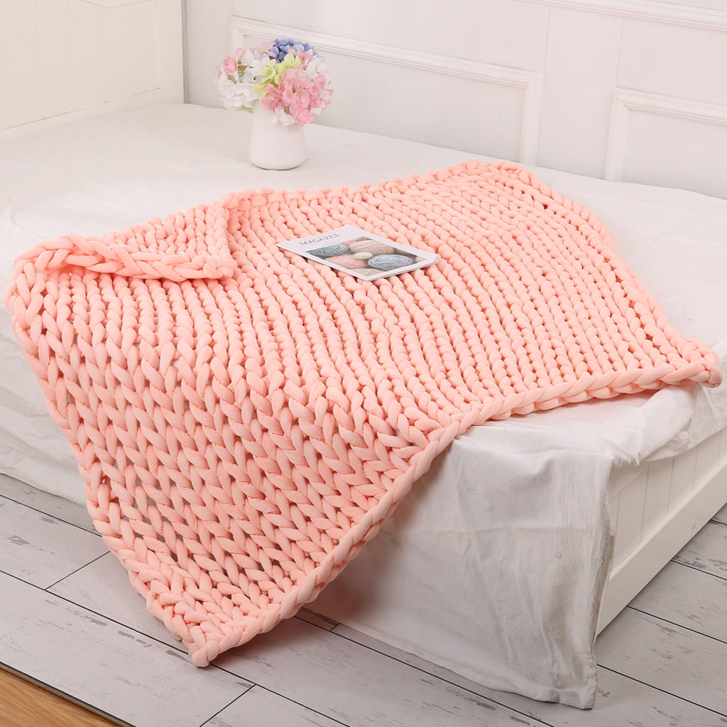 Handmade Knitted Blanket Yarn Bulky Knitting Blanket 100 x 80cm - Pink