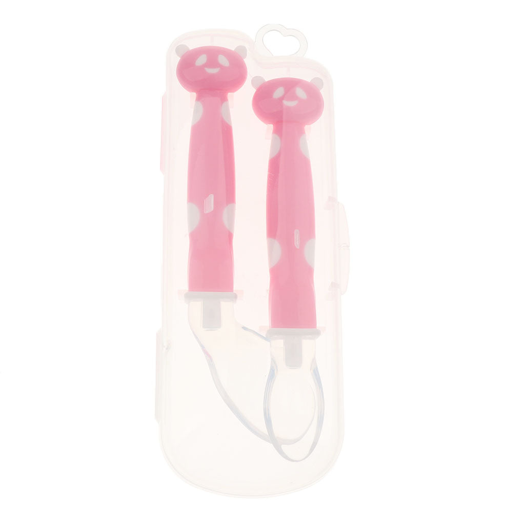 2Pcs Baby Bent-Handled Spoon Weaning Soft Silicone Head Tableware Pink