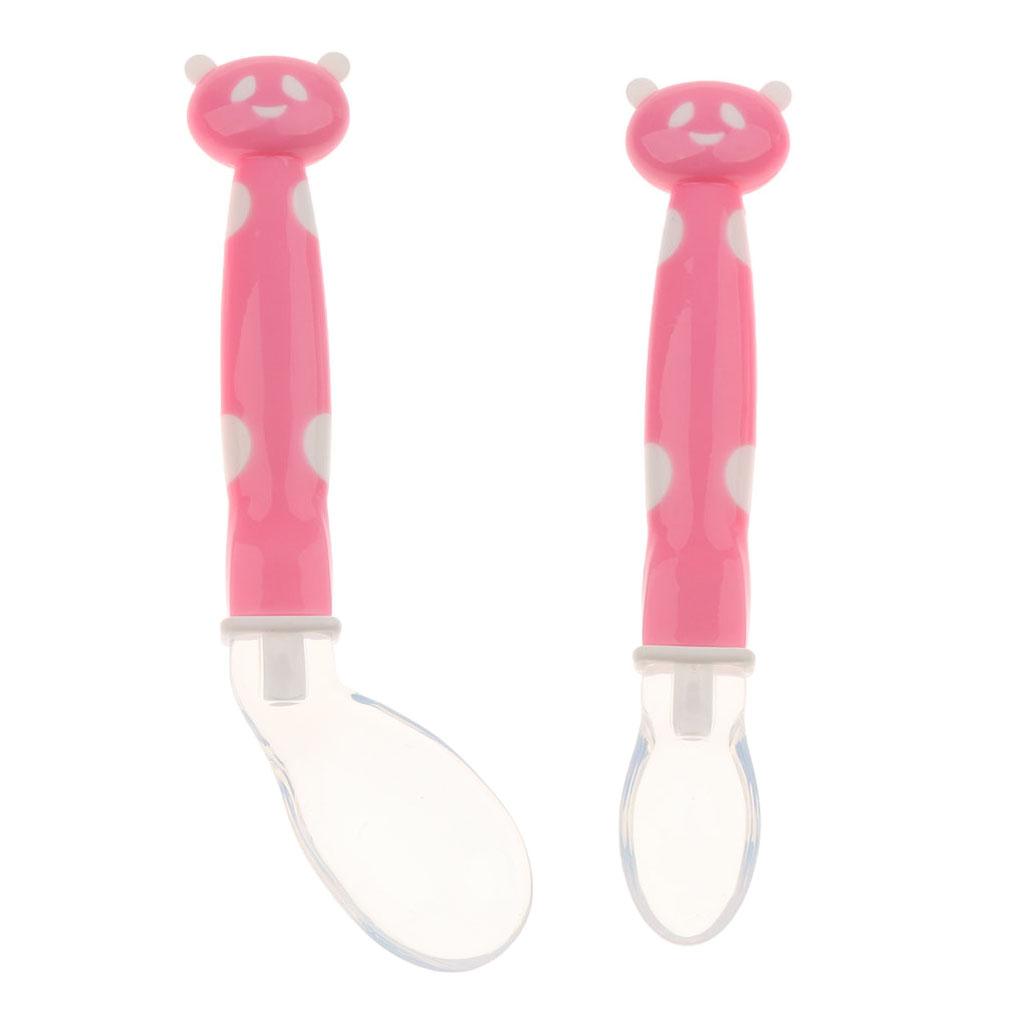 2Pcs Baby Bent-Handled Spoon Weaning Soft Silicone Head Tableware Pink