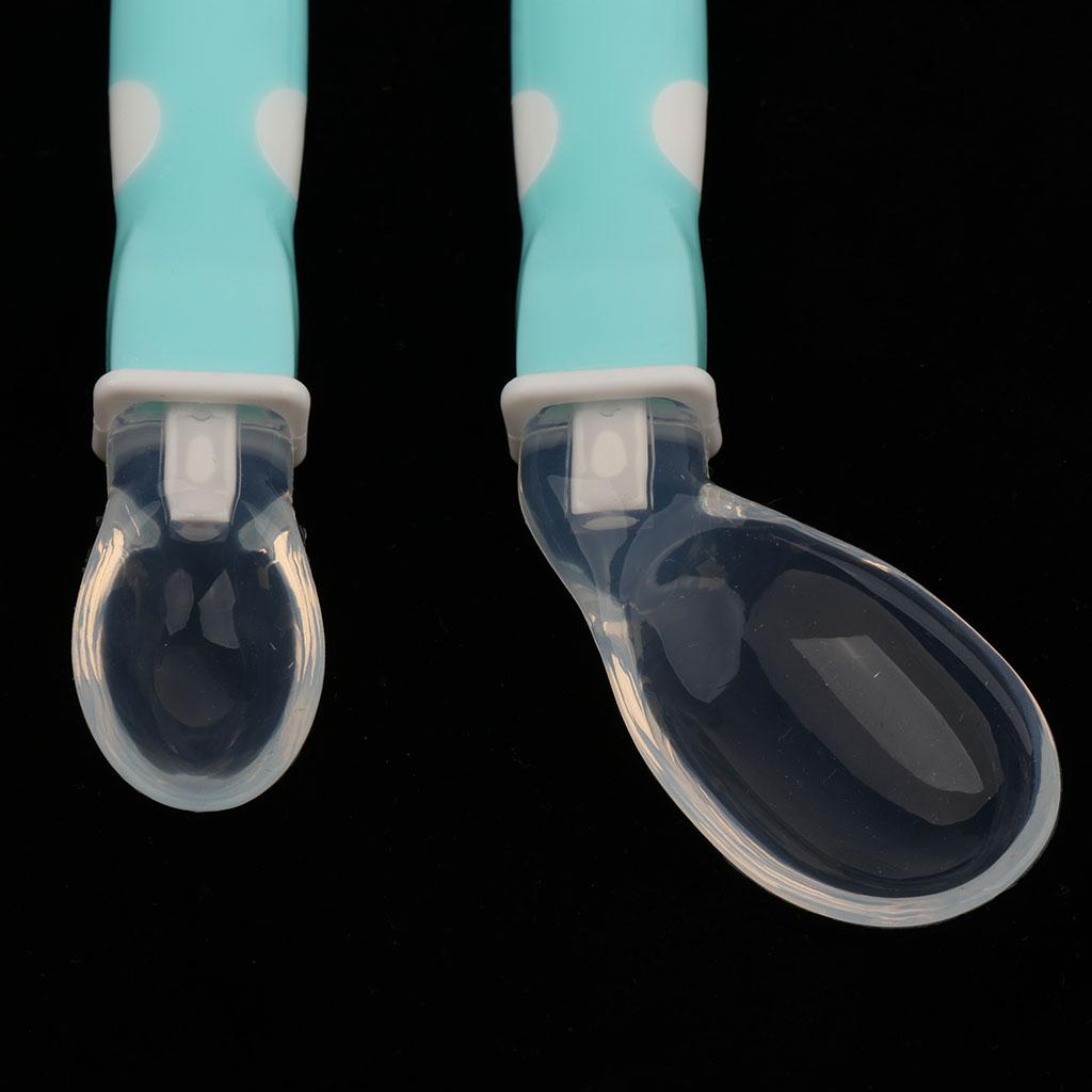 2Pcs Baby Bent-Handled Spoon Weaning Soft Silicone Head Tableware Blue