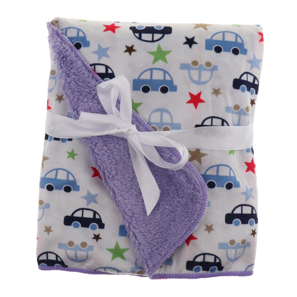 Unisex Double-Layer Coral Velvet Baby Cradle Crib Blanket Blue car