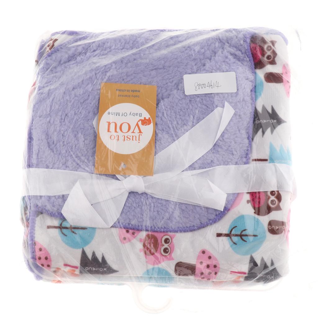 Unisex Double-Layer Coral Velvet Baby Cradle Crib Blanket Purple owl