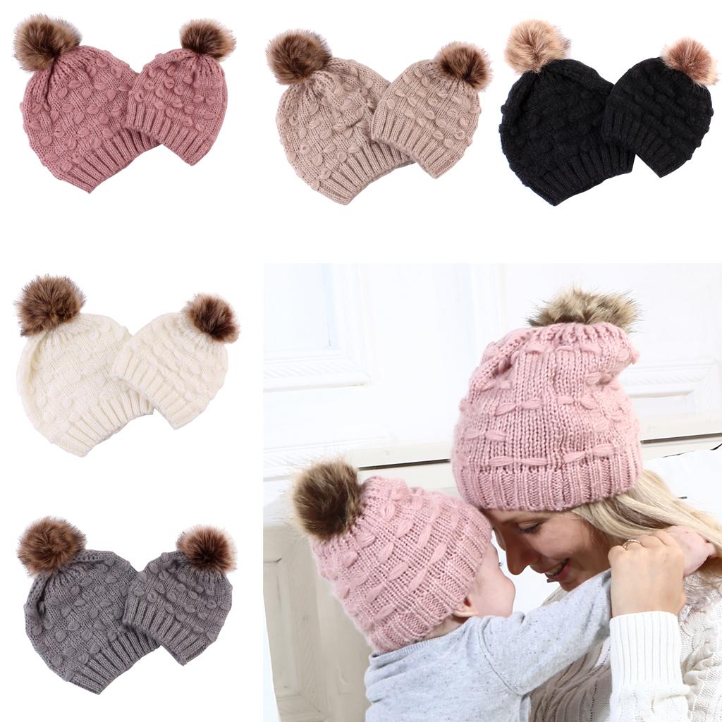 2PCS Parent-Child Hat Warmer Winter Knit Hat Beanie Ski Cap Black