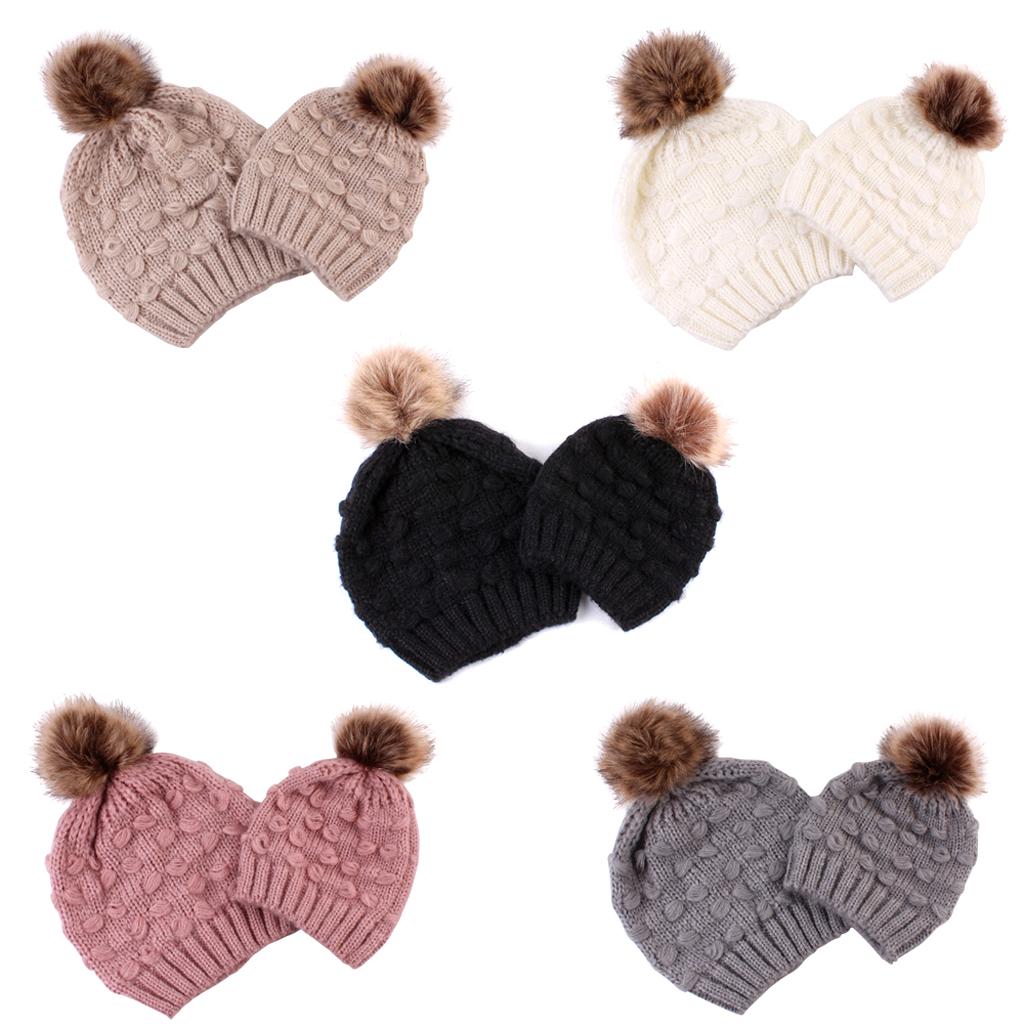 2PCS Parent-Child Hat Warmer Winter Knit Hat Beanie Ski Cap Black