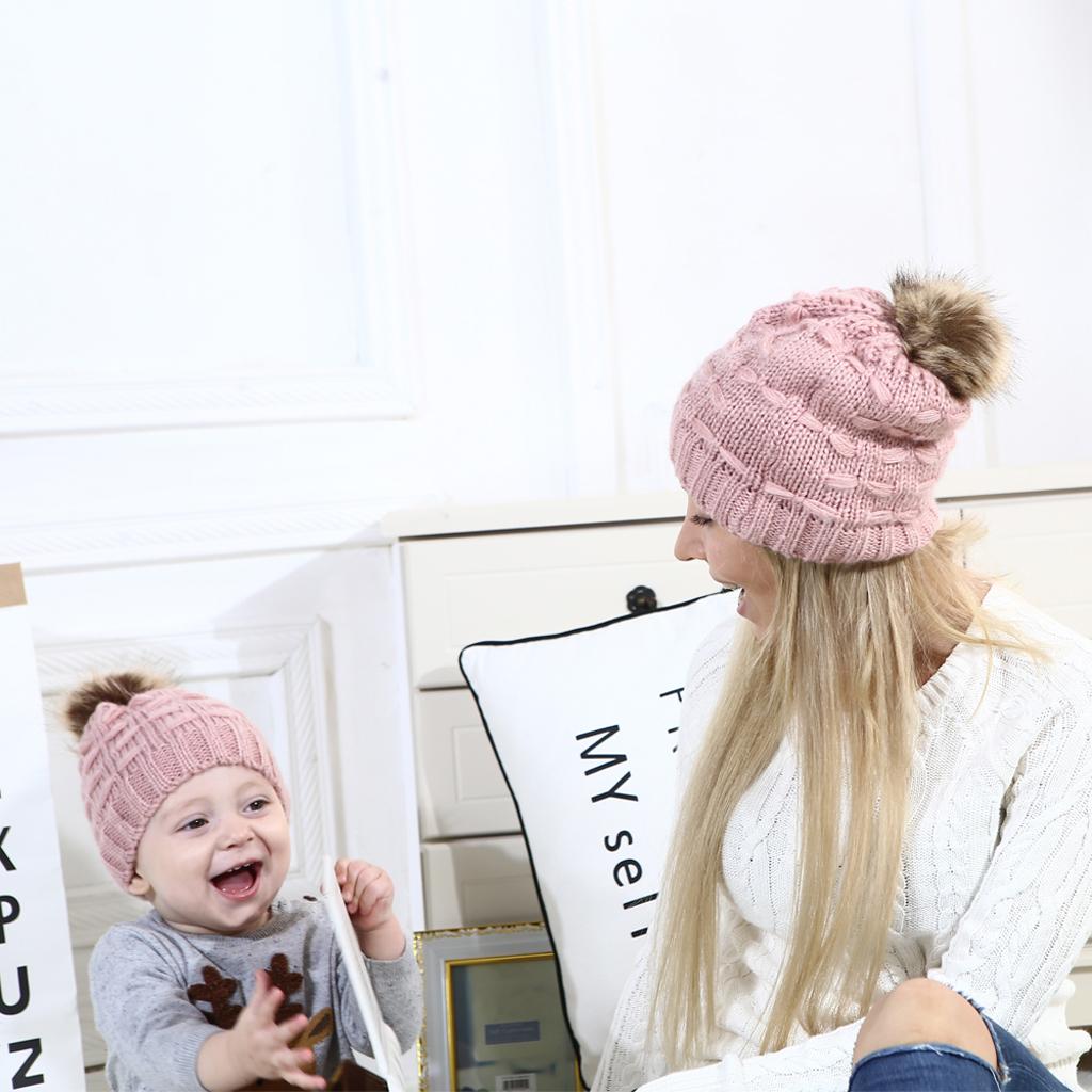2PCS Parent-Child Hat Warmer Winter Knit Hat Beanie Ski Cap Pink