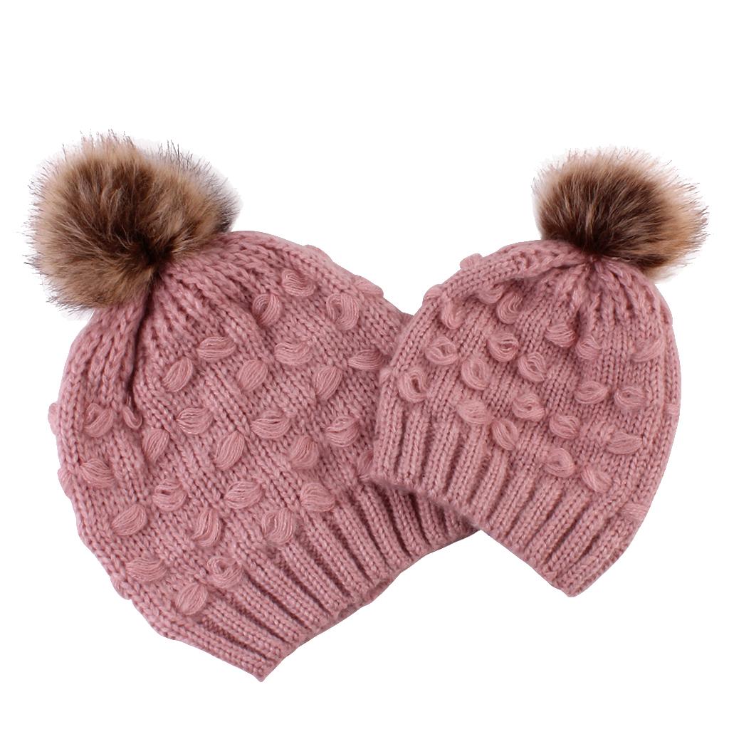 2PCS Parent-Child Hat Warmer Winter Knit Hat Beanie Ski Cap Pink