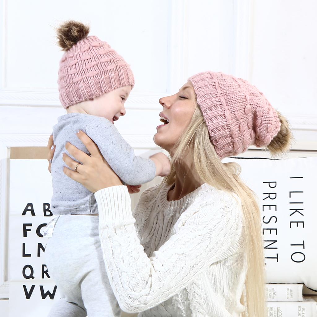 2PCS Parent-Child Hat Warmer Winter Knit Hat Beanie Ski Cap Pink