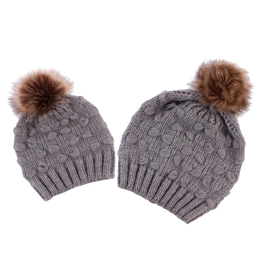 2PCS Parent-Child Hat Warmer Winter Knit Hat Beanie Ski Cap Grey