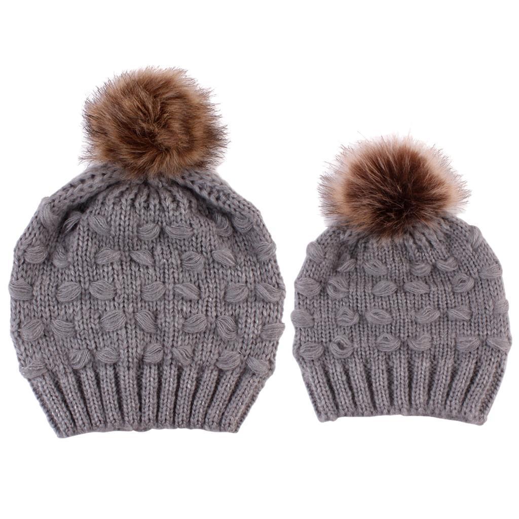 2PCS Parent-Child Hat Warmer Winter Knit Hat Beanie Ski Cap Grey