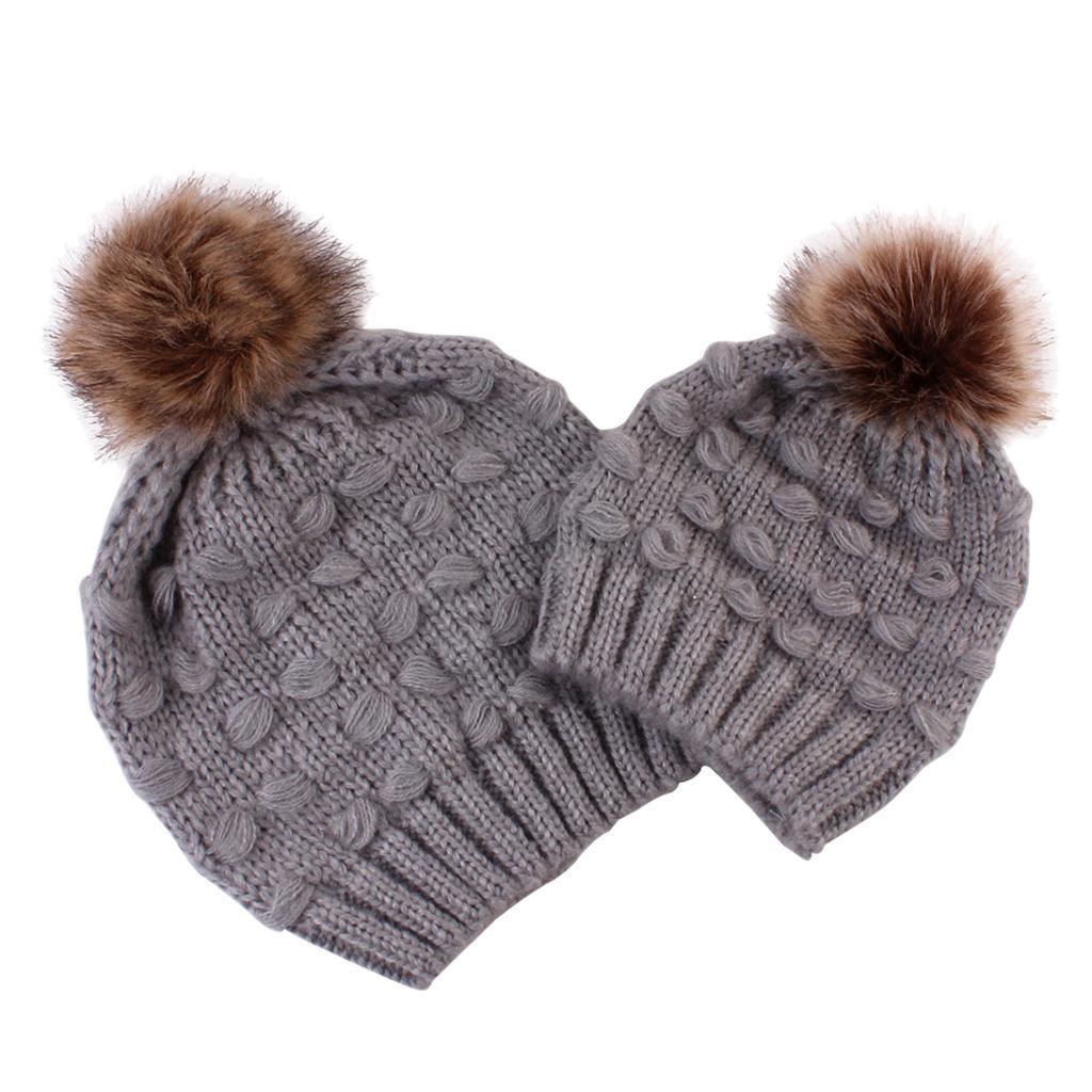 2PCS Parent-Child Hat Warmer Winter Knit Hat Beanie Ski Cap Grey